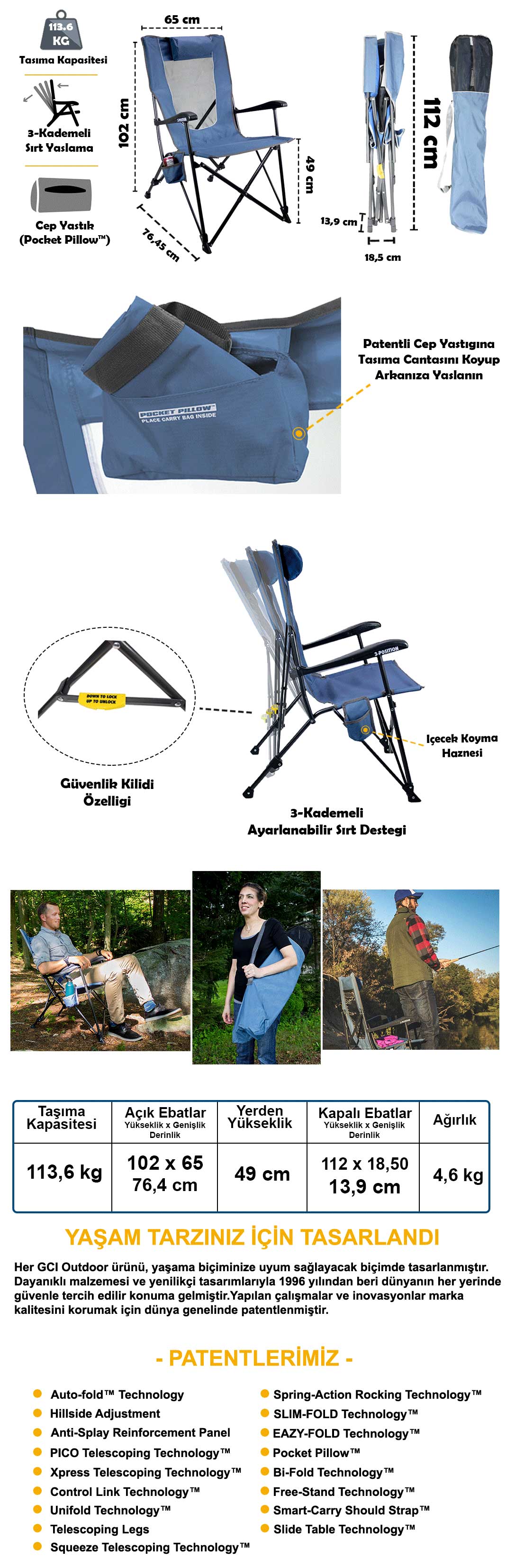 GCI Outdoor Recliner™ 3 Kademeli Katlanır Kamp Sandalyesi - Mavi