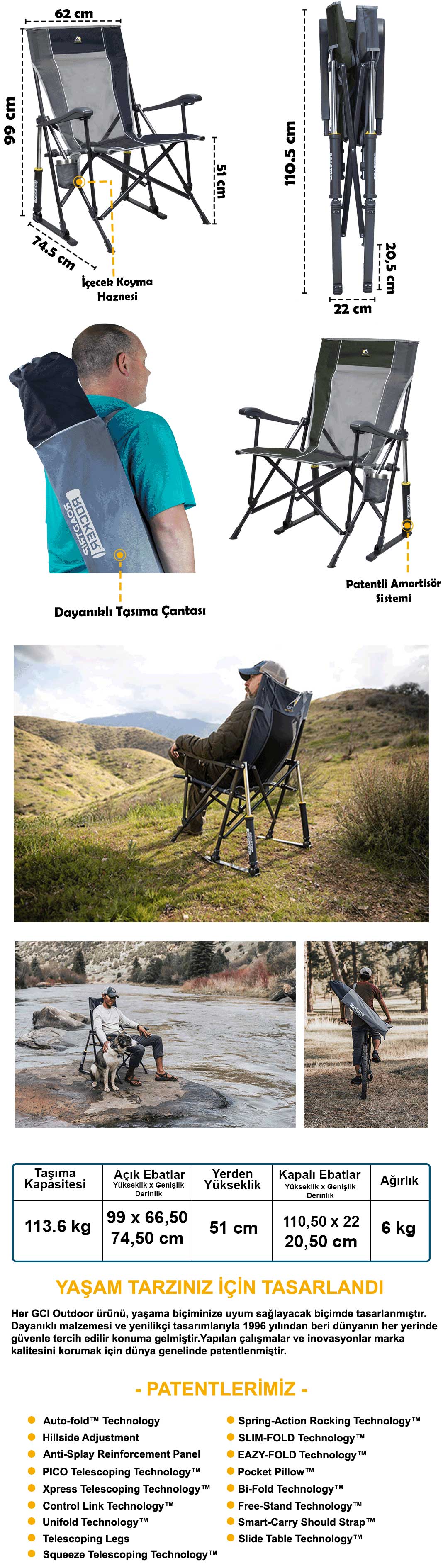 GCI Outdoor RoadTrip Rocker™ Amortisörlü Katlanır Kamp Sandalyesi - Lacivert