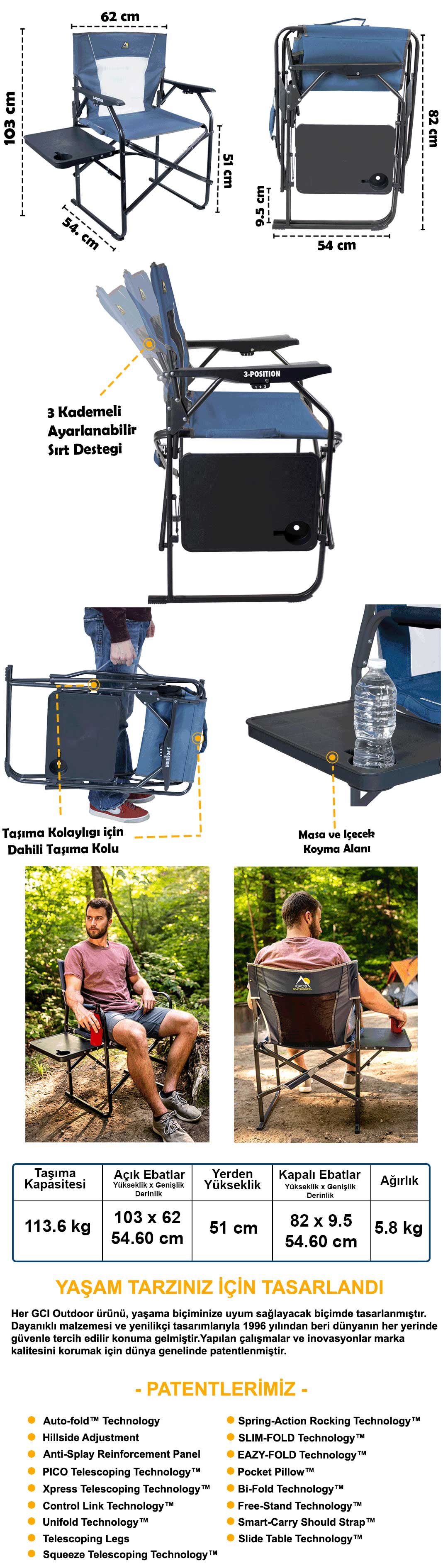 GCI Outdoor 3-Position Director's Chair™ 3-Pozisyon Katlanır Yönetmen Kamp Sandalyesi - Mavi