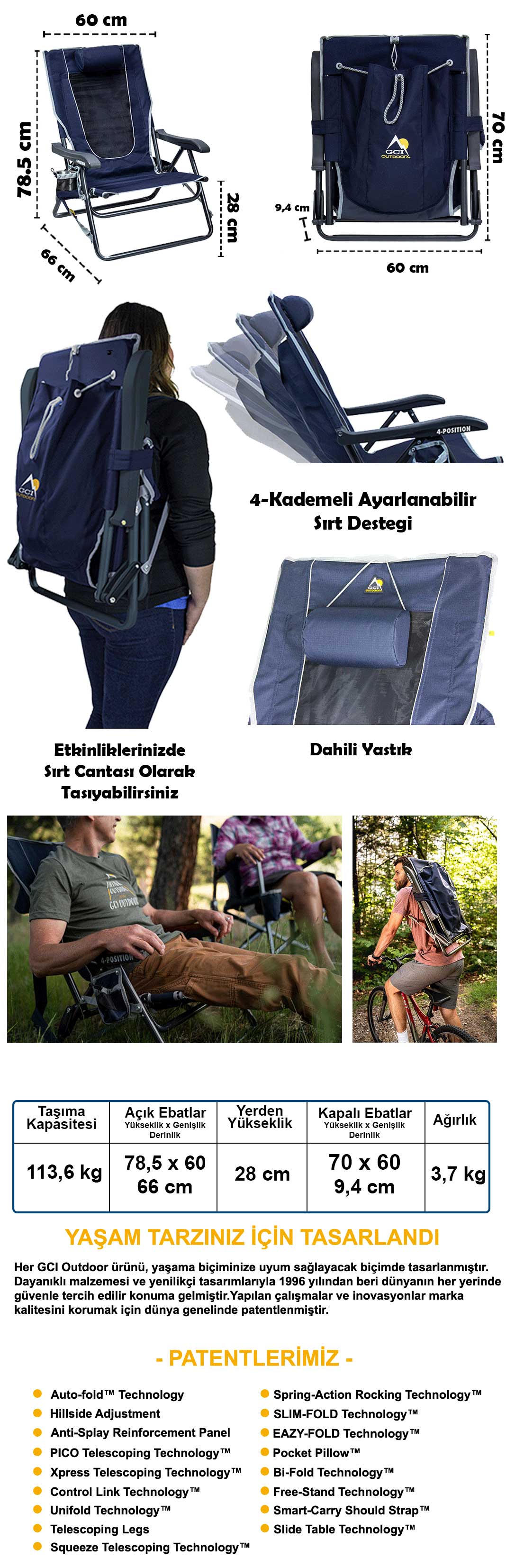 GCI Outdoor Backpack Event Chair™ 4 Kademeli Katlanır Kamp Sandalyesi - Lacivert